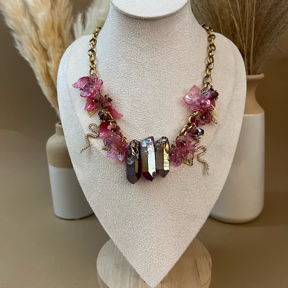 Snake and Flower Charm Statement Necklace - Elegant Witchy Fairy Crystal